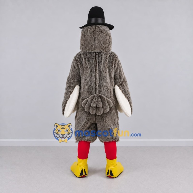 Custom Gray and Red Turkey Character with a Pilgrim Hat Mascot Costume Adult Full Body Suit for Community Events Custom Gray and Red Turkey Character with a Pilgrim Hat Mascot Costume Adult Full Body Suit for Community Events