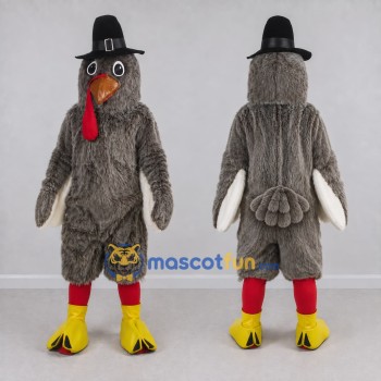Custom Gray and Red Turkey Character with a Pilgrim Hat Mascot Costume Adult Full Body Suit for Community Events