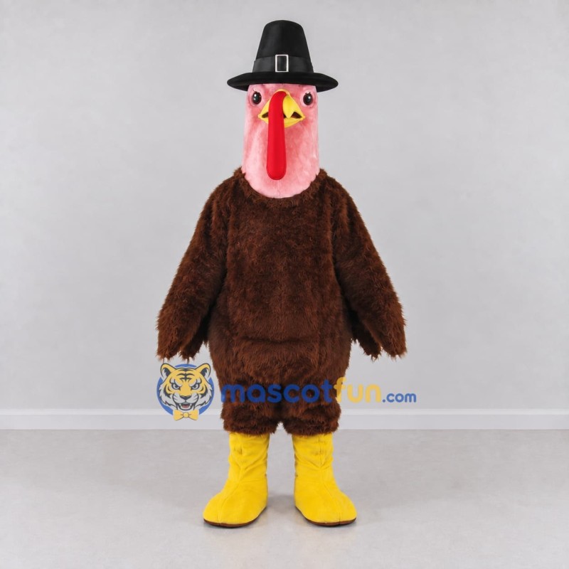 Custom Brown and Pink Turkey Character with a Pilgrim Hat Mascot Costume Adult Full Body Suit for Community Events Custom Brown and Pink Turkey Character with a Pilgrim Hat Mascot Costume Adult Full Body Suit for Community Events