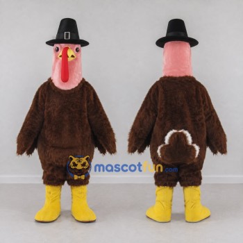 Custom Brown and Pink Turkey Character with a Pilgrim Hat Mascot Costume Adult Full Body Suit for Community Events
