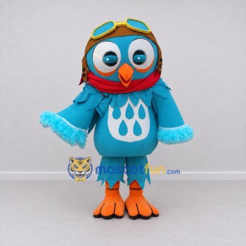 Custom Teal and Orange Owl Character in an Aviator Hat Mascot Costume Adult Full Body Suit for Theme Parties Custom Teal and Orange Owl Character in an Aviator Hat Mascot Costume Adult Full Body Suit for Theme Parties