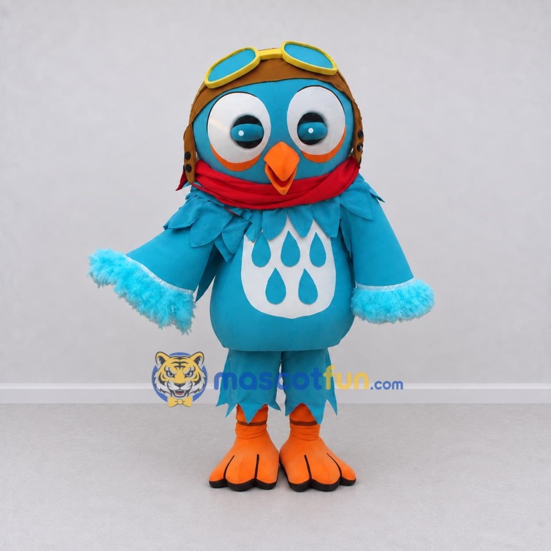 Custom Teal and Orange Owl Character in an Aviator Hat Mascot Costume Adult Full Body Suit for Theme Parties Custom Teal and Orange Owl Character in an Aviator Hat Mascot Costume Adult Full Body Suit for Theme Parties