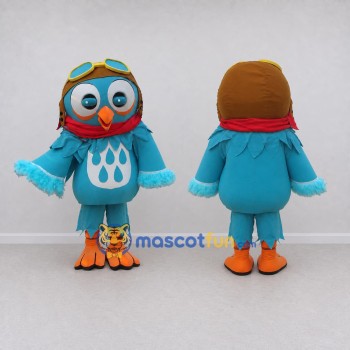 Custom Teal and Orange Owl Character in an Aviator Hat Mascot Costume Adult Full Body Suit for Theme Parties