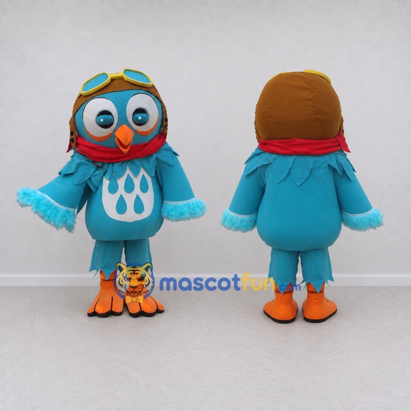 Custom Teal and Orange Owl Character in an Aviator Hat Mascot Costume Adult Full Body Suit for Theme Parties Custom Teal and Orange Owl Character in an Aviator Hat Mascot Costume Adult Full Body Suit for Theme Parties