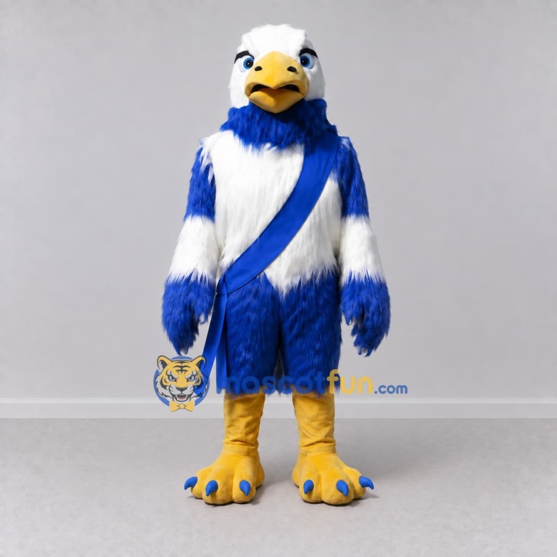 Custom Blue and White Eagle Character with a Sash Mascot Costume Adult Full Body Suit for Sports Events