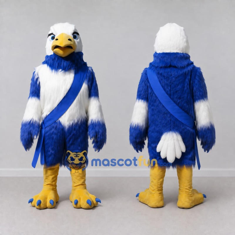 Custom Blue and White Eagle Character with a Sash Mascot Costume Adult Full Body Suit for Sports Events