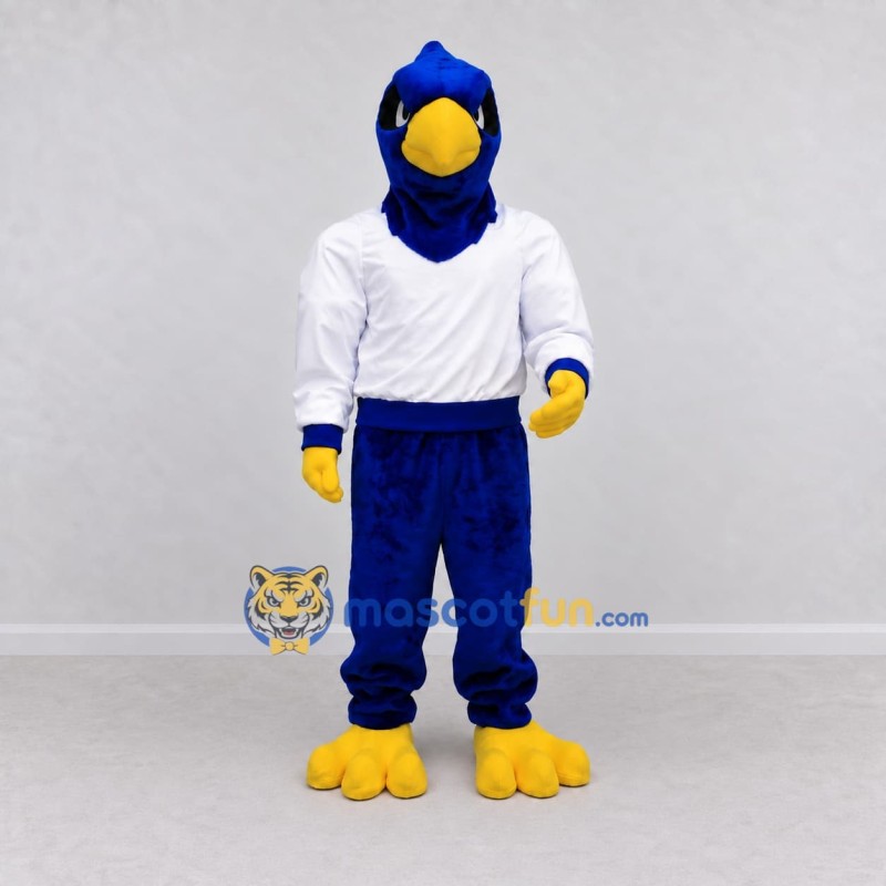 Custom Blue and White Bird Character in Sportswear Mascot Costume Adult Full Body Suit for Sports Events Custom Blue and White Bird Character in Sportswear Mascot Costume Adult Full Body Suit for Sports Events