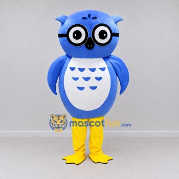 Custom Blue and White Owl Character with Glasses Mascot Costume Adult Full Body Suit for School Events