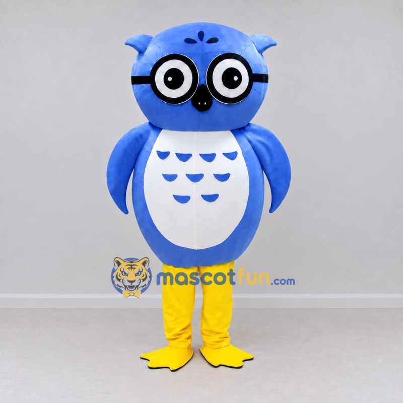 Custom Blue and White Owl Character with Glasses Mascot Costume Adult Full Body Suit for School Events