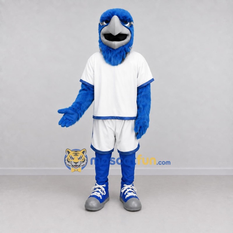 Custom Blue and White Bird Character in Sportswear Mascot Costume Adult Full Body Suit for Sports Events Custom Blue and White Bird Character in Sportswear Mascot Costume Adult Full Body Suit for Sports Events