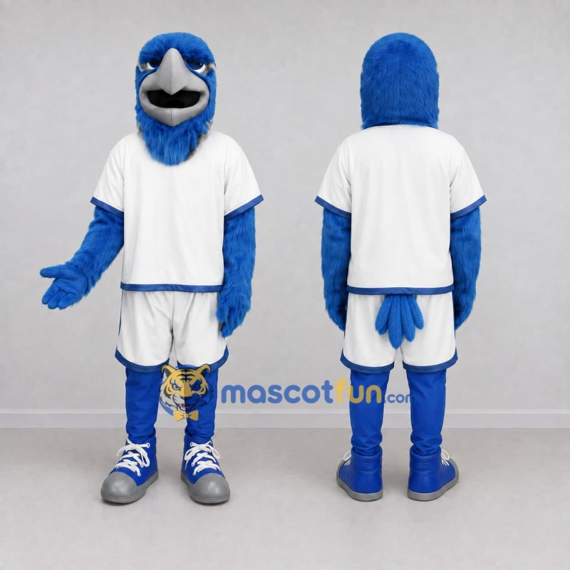 Custom Blue and White Bird Character in Sportswear Mascot Costume Adult Full Body Suit for Sports Events Custom Blue and White Bird Character in Sportswear Mascot Costume Adult Full Body Suit for Sports Events