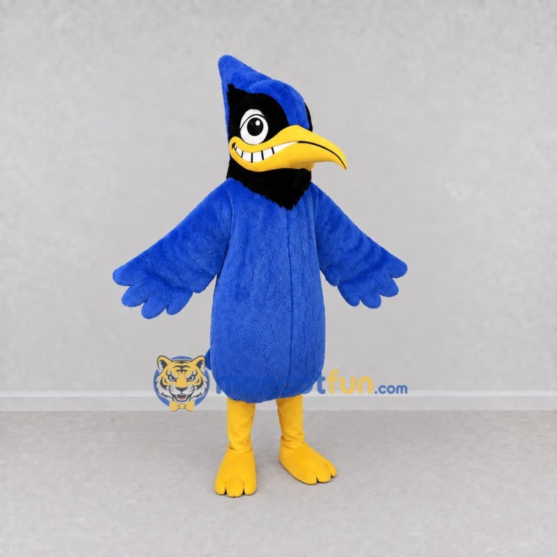 Custom Blue and Yellow Crested Bird Character Mascot Costume Adult Full Body Suit for School Events