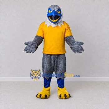 Custom Gray and Yellow Bird Character in a T-Shirt Mascot Costume Adult Full Body Suit for Sports Events