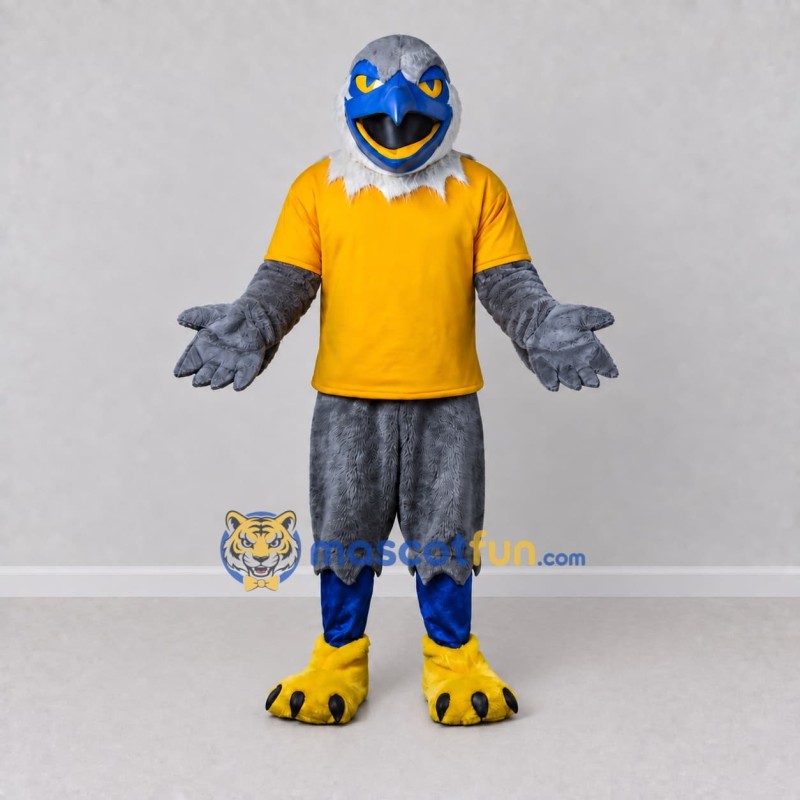 Custom Gray and Yellow Bird Character in a T-Shirt Mascot Costume Adult Full Body Suit for Sports Events Custom Gray and Yellow Bird Character in a T-Shirt Mascot Costume Adult Full Body Suit for Sports Events
