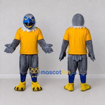Custom Gray and Yellow Bird Character in a T-Shirt Mascot Costume Adult Full Body Suit for Sports Events