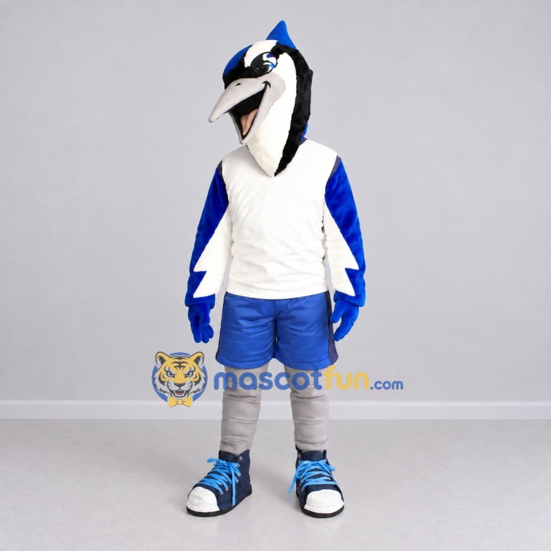Custom Blue and White Blue Jay Character in Sportswear Mascot Costume Adult Full Body Suit for Sports Events Custom Blue and White Blue Jay Character in Sportswear Mascot Costume Adult Full Body Suit for Sports Events
