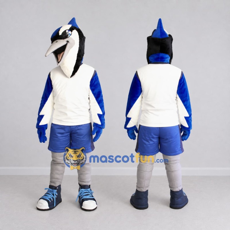 Custom Blue and White Blue Jay Character in Sportswear Mascot Costume Adult Full Body Suit for Sports Events Custom Blue and White Blue Jay Character in Sportswear Mascot Costume Adult Full Body Suit for Sports Events