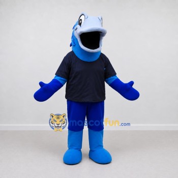 Custom Blue and Navy Bird Character in a T-Shirt Mascot Costume Adult Full Body Suit for School Events