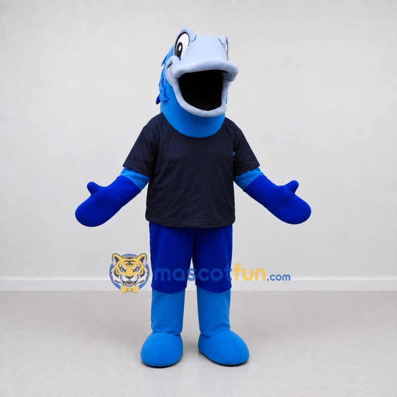 Custom Blue and Navy Bird Character in a T-Shirt Mascot Costume Adult Full Body Suit for School Events