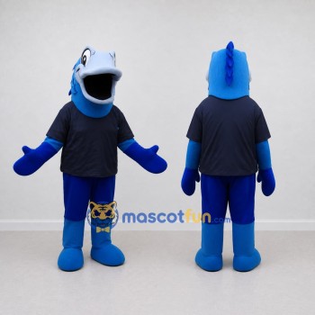 Custom Blue and Navy Bird Character in a T-Shirt Mascot Costume Adult Full Body Suit for School Events