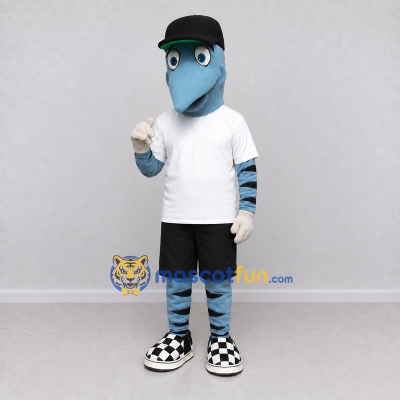 Custom Blue and Black Bird Character in Streetwear Mascot Costume Adult Full Body Suit for Theme Parties Custom Blue and Black Bird Character in Streetwear Mascot Costume Adult Full Body Suit for Theme Parties