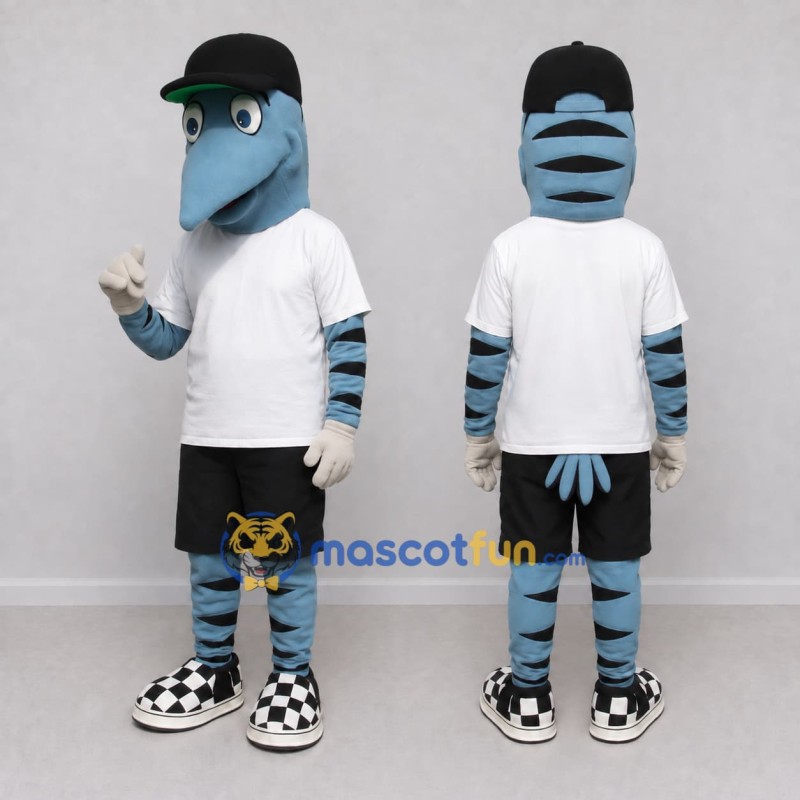 Custom Blue and Black Bird Character in Streetwear Mascot Costume Adult Full Body Suit for Theme Parties Custom Blue and Black Bird Character in Streetwear Mascot Costume Adult Full Body Suit for Theme Parties