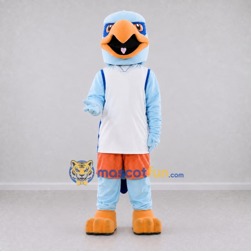 Custom Blue and Orange Bird Character in Sportswear Mascot Costume Adult Full Body Suit for Sports Events Custom Blue and Orange Bird Character in Sportswear Mascot Costume Adult Full Body Suit for Sports Events