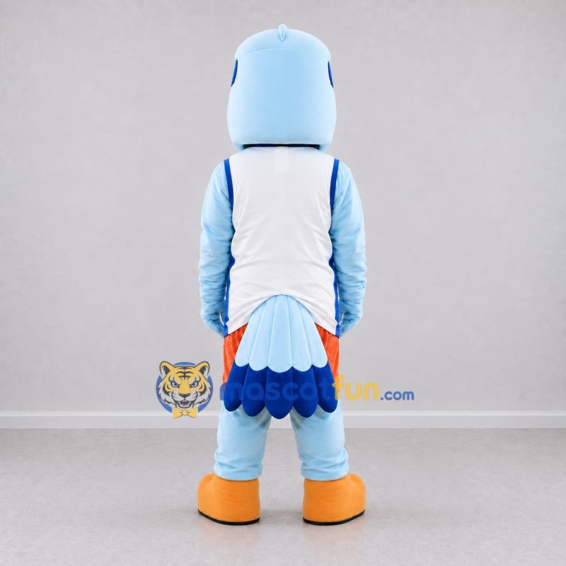 Custom Blue and Orange Bird Character in Sportswear Mascot Costume Adult Full Body Suit for Sports Events Custom Blue and Orange Bird Character in Sportswear Mascot Costume Adult Full Body Suit for Sports Events