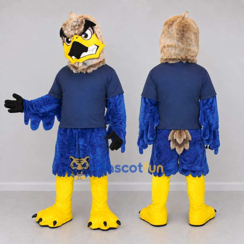 Custom Blue and Tan Eagle Character in Sportswear Mascot Costume Adult Full Body Suit for Sports Events Custom Blue and Tan Eagle Character in Sportswear Mascot Costume Adult Full Body Suit for Sports Events