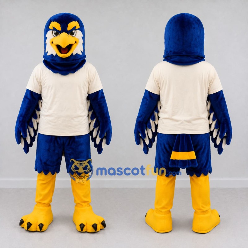 Custom Blue and White Eagle Character in a T-Shirt Mascot Costume Adult Full Body Suit for Sports Events Custom Blue and White Eagle Character in a T-Shirt Mascot Costume Adult Full Body Suit for Sports Events