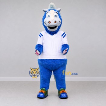 Custom Blue and White Unicorn Character in a Jersey Mascot Costume Adult Full Body Suit for Sports Events Custom Blue and White Unicorn Character in a Jersey Mascot Costume Adult Full Body Suit for Sports Events