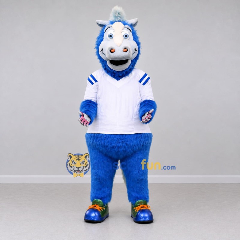 Custom Blue and White Unicorn Character in a Jersey Mascot Costume Adult Full Body Suit for Sports Events Custom Blue and White Unicorn Character in a Jersey Mascot Costume Adult Full Body Suit for Sports Events