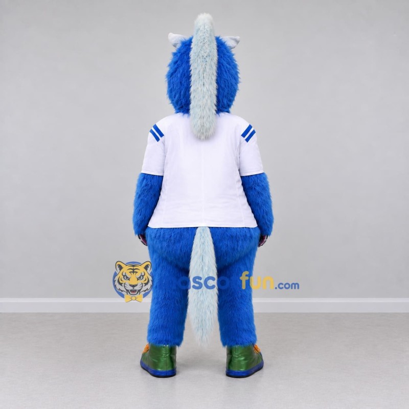 Custom Blue and White Unicorn Character in a Jersey Mascot Costume Adult Full Body Suit for Sports Events Custom Blue and White Unicorn Character in a Jersey Mascot Costume Adult Full Body Suit for Sports Events