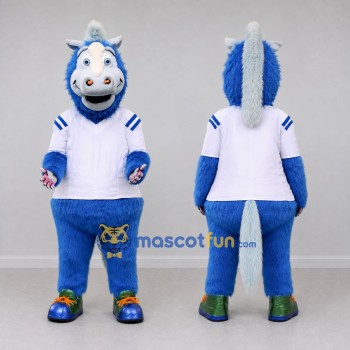 Custom Blue and White Unicorn Character in a Jersey Mascot Costume Adult Full Body Suit for Sports Events