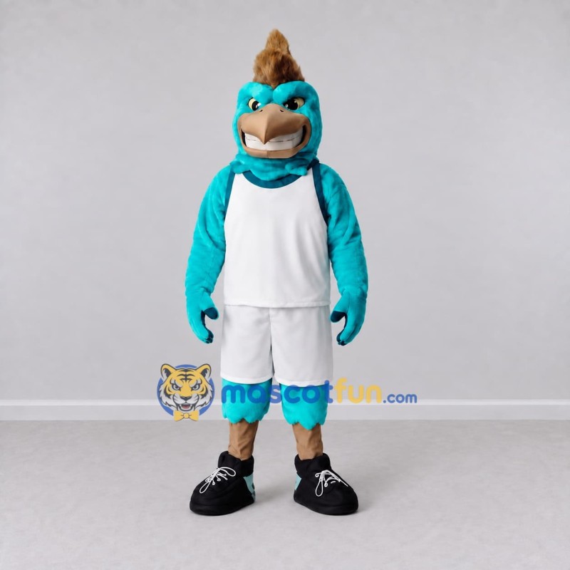 Custom Teal and Brown Toothy Bird Character in Sportswear Mascot Costume Adult Full Body Suit for Sports Events Custom Teal and Brown Toothy Bird Character in Sportswear Mascot Costume Adult Full Body Suit for Sports Events