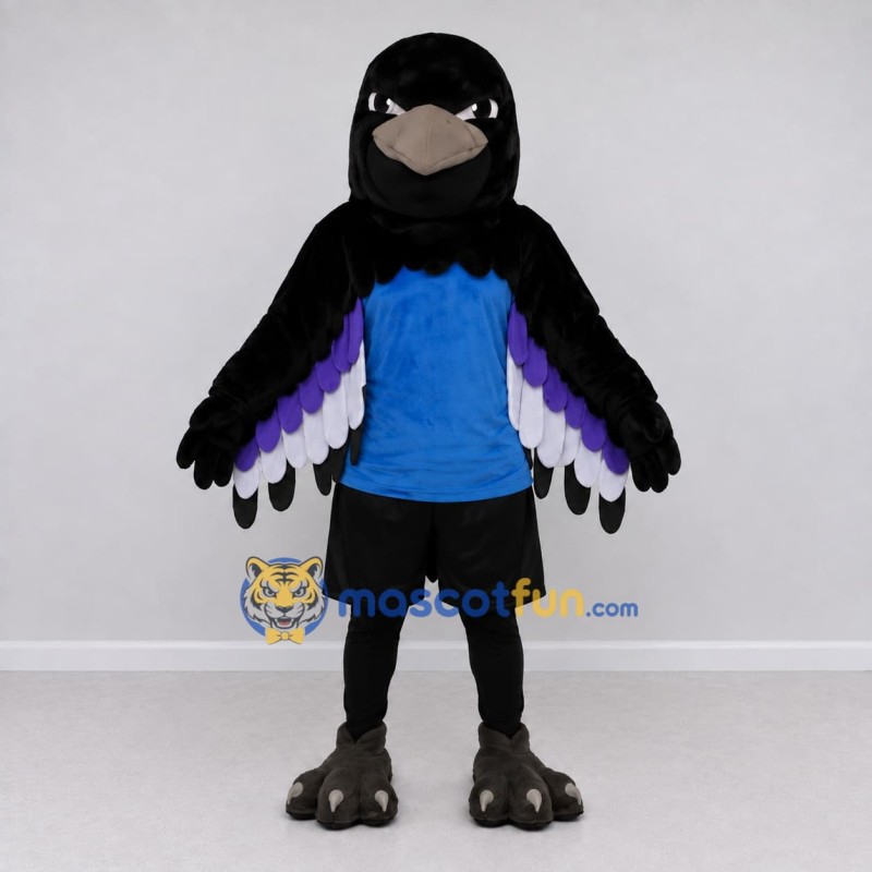 Custom Black and Blue Bird Character in Sportswear Mascot Costume Adult Full Body Suit for Sports Events Custom Black and Blue Bird Character in Sportswear Mascot Costume Adult Full Body Suit for Sports Events