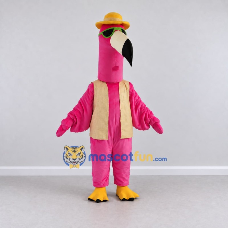 Custom Pink and Cream Flamingo Character in a Vest Mascot Costume Adult Full Body Suit for Summer Events Custom Pink and Cream Flamingo Character in a Vest Mascot Costume Adult Full Body Suit for Summer Events