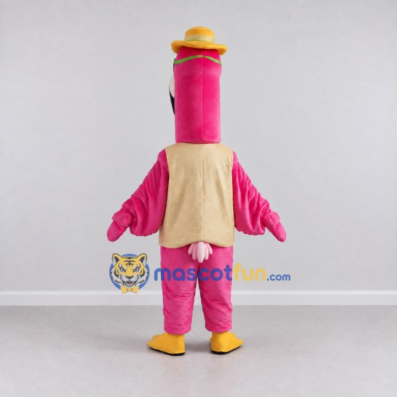 Custom Pink and Cream Flamingo Character in a Vest Mascot Costume Adult Full Body Suit for Summer Events Custom Pink and Cream Flamingo Character in a Vest Mascot Costume Adult Full Body Suit for Summer Events