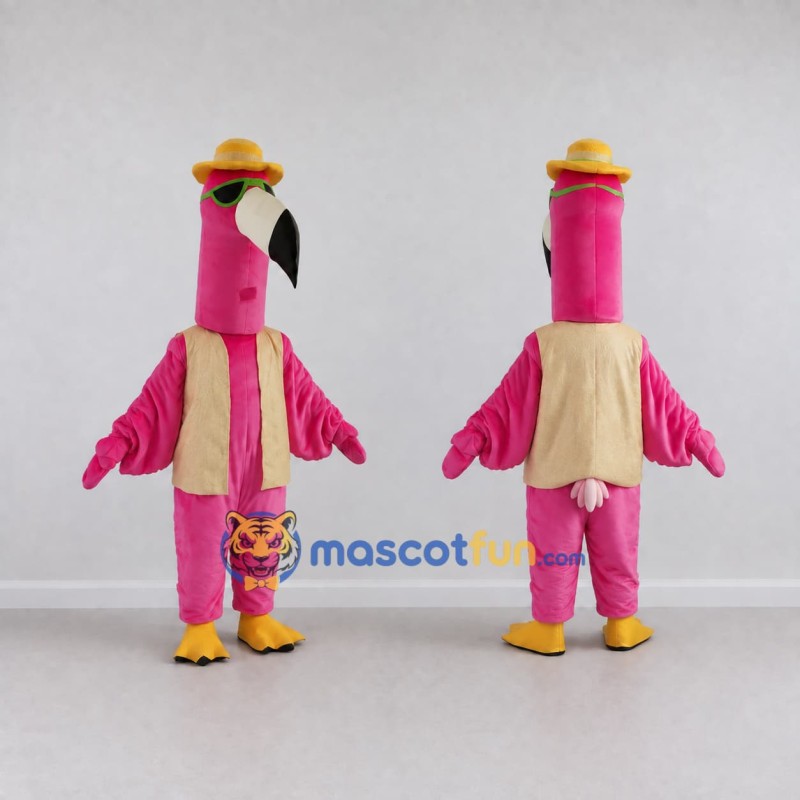 Custom Pink and Cream Flamingo Character in a Vest Mascot Costume Adult Full Body Suit for Summer Events Custom Pink and Cream Flamingo Character in a Vest Mascot Costume Adult Full Body Suit for Summer Events