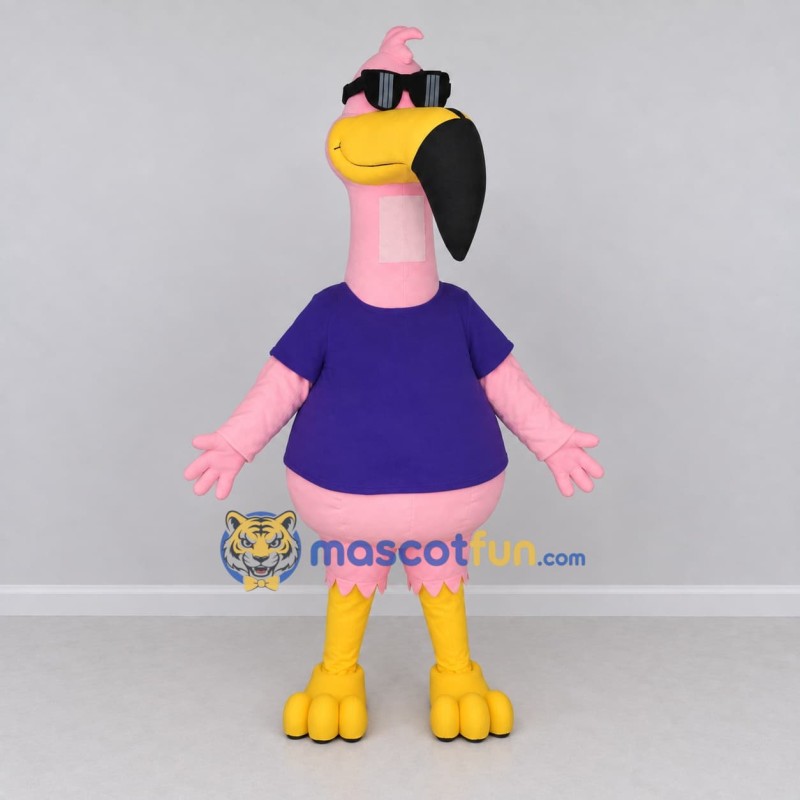Custom Pink and Purple Flamingo Character in a T-Shirt Mascot Costume Adult Full Body Suit for Summer Events Custom Pink and Purple Flamingo Character in a T-Shirt Mascot Costume Adult Full Body Suit for Summer Events