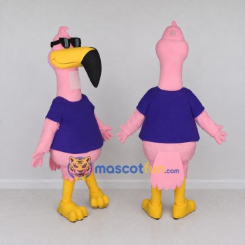 Custom Pink and Purple Flamingo Character in a T-Shirt Mascot Costume Adult Full Body Suit for Summer Events