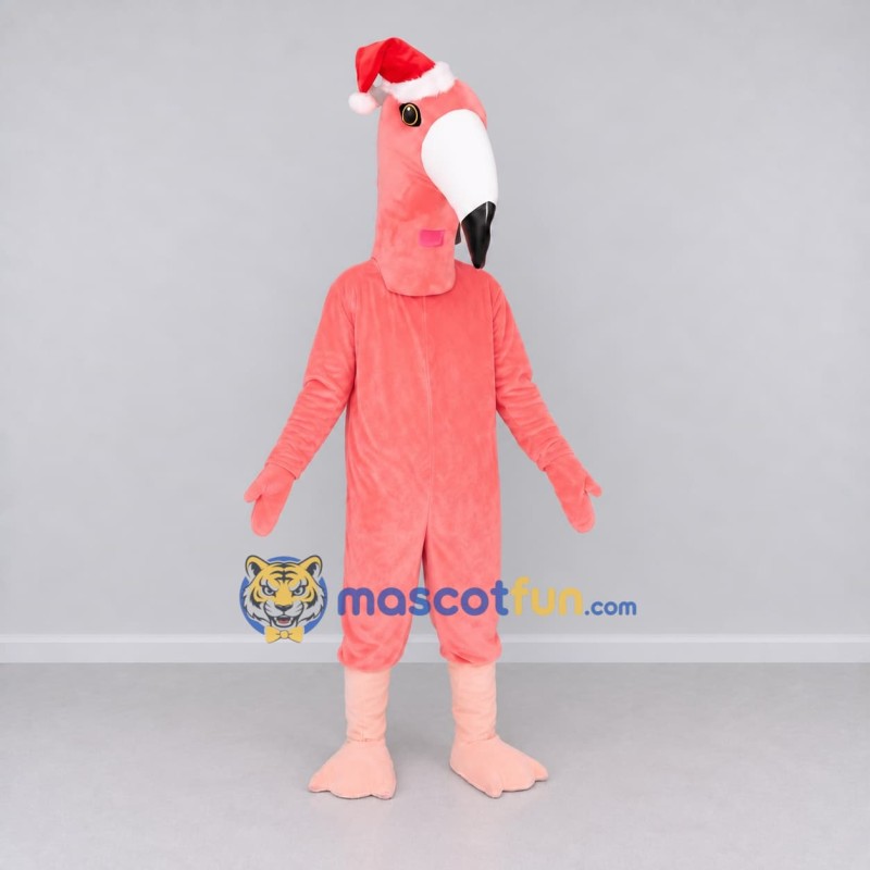 Custom Pink and White Flamingo with a Santa Hat Mascot Costume Adult Full Body Suit for Christmas Events Custom Pink and White Flamingo with a Santa Hat Mascot Costume Adult Full Body Suit for Christmas Events