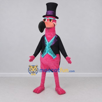 Custom Pink and Black Flamingo Character in a Top Hat Mascot Costume Adult Full Body Suit for Theme Parties Custom Pink and Black Flamingo Character in a Top Hat Mascot Costume Adult Full Body Suit for Theme Parties