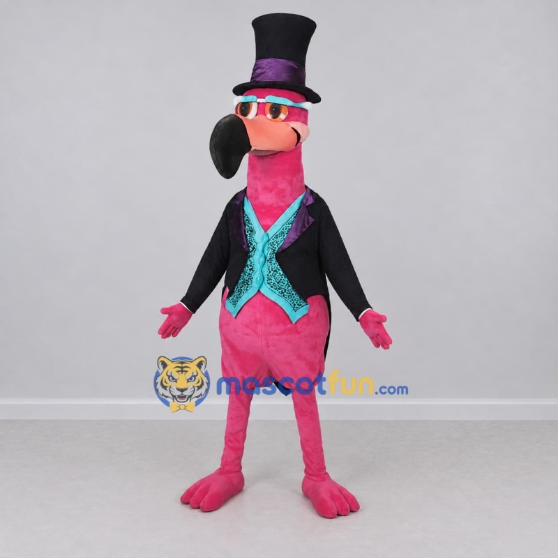 Custom Pink and Black Flamingo Character in a Top Hat Mascot Costume Adult Full Body Suit for Theme Parties Custom Pink and Black Flamingo Character in a Top Hat Mascot Costume Adult Full Body Suit for Theme Parties