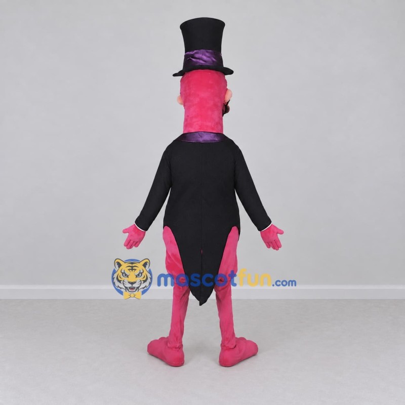 Custom Pink and Black Flamingo Character in a Top Hat Mascot Costume Adult Full Body Suit for Theme Parties Custom Pink and Black Flamingo Character in a Top Hat Mascot Costume Adult Full Body Suit for Theme Parties