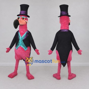 Custom Pink and Black Flamingo Character in a Top Hat Mascot Costume Adult Full Body Suit for Theme Parties