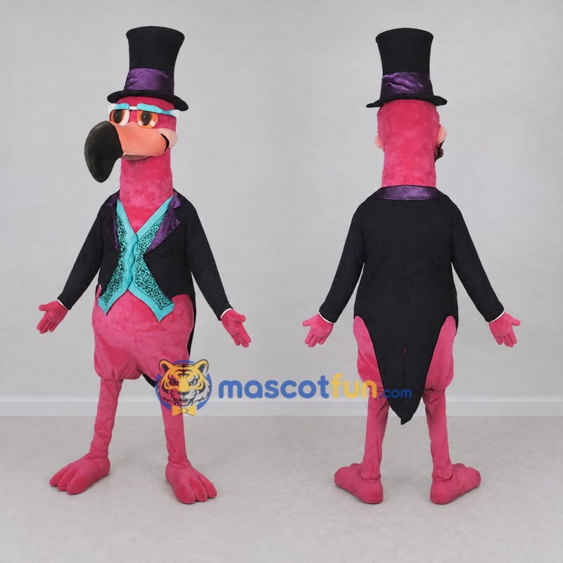 Custom Pink and Black Flamingo Character in a Top Hat Mascot Costume Adult Full Body Suit for Theme Parties Custom Pink and Black Flamingo Character in a Top Hat Mascot Costume Adult Full Body Suit for Theme Parties