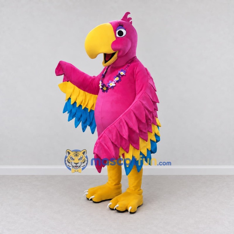 Custom Pink Yellow and Blue Parrot Character with a Flower Necklace Mascot Costume Adult Full Body Suit for Summer Events Custom Pink Yellow and Blue Parrot Character with a Flower Necklace Mascot Costume Adult Full Body Suit for Summer Events