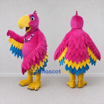 Custom Pink Yellow and Blue Parrot Character with a Flower Necklace Mascot Costume Adult Full Body Suit for Summer Events