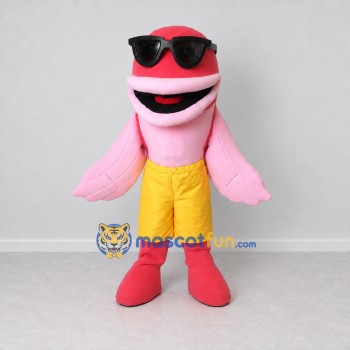 Custom Pink and Yellow Dolphin Character in Shorts Mascot Costume Adult Full Body Suit for Summer Events Custom Pink and Yellow Dolphin Character in Shorts Mascot Costume Adult Full Body Suit for Summer Events